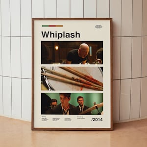 Póster vintage de la película Whiplash de Damien Chazelle: arte mural minimalista de mediados de siglo.