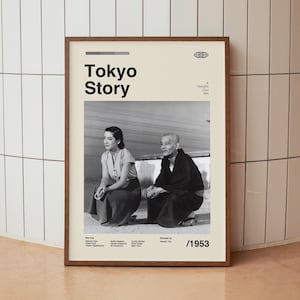 Póster vintage de la película Tokyo Story: Yasujirō Ozu, película clásica japonesa. Impresión minimalista de mediados de siglo.