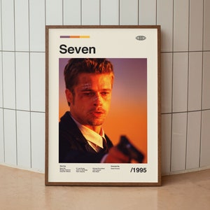 Puede incluir: Un póster de película para la película "Seven" con Brad Pitt en un primer plano. El póster tiene un diseño minimalista con un fondo degradado amarillo, naranja y rojo. El título "Seven" está en una fuente en negrita, sans-serif. El año "1995" está en la esquina inferior derecha.