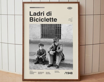 Ladri di Biciclette (Bicycle Thieves) Vintage Movie Poster - Italian Neorealism -  Midcentury Minimalist Wall Art Print