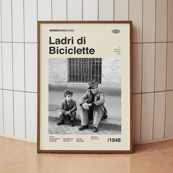 Ladri di Biciclette (Bicycle Thieves) Vintage Movie Poster - Italian Neorealism -  Midcentury Minimalist Wall Art Print