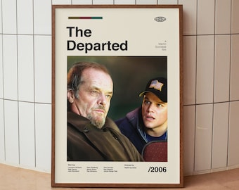Könnte beinhalten: Ein Filmplakat für den Film "Departed - Unter Feinden" von Martin Scorsese. Das Plakat zeigt eine Nahaufnahme der Schauspieler Leonardo DiCaprio und Jack Nicholson. Der Text auf dem Plakat lautet "The Departed" und "Ein Film von Martin Scorsese". Das Jahr 2006 ist ebenfalls auf dem Plakat gedruckt.