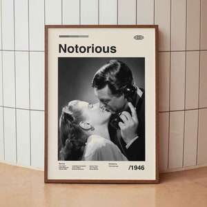 Vintage Classic Holywood Movie Poster - Alfred Hitchcock Cary Grant Ingrid Bergman - Minimalist Midcentury Wall Art Retro Cinema Print Decor