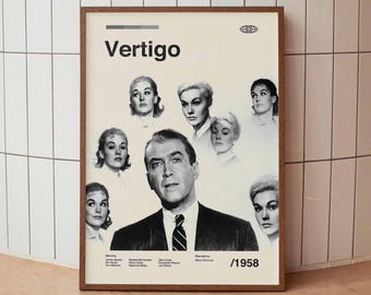 May include: A black and white poster with the title "Vertigo" and a collage of images of actors from the film. The poster also includes the year "1958" and the names of the actors and director.
