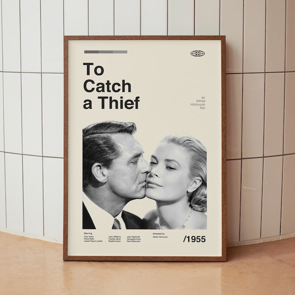 To Catch a Thief Vintage Minimalist Movie Poster - Cary Grant Grace Kelly -  Midcentury Wall Art Print