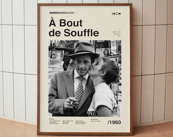 À Bout De Souffle (Breathless) Vintage Movie Poster - Jean-Luc Godard Jean-Paul Belmondo - Minimalist Midcentury Wall Art Print