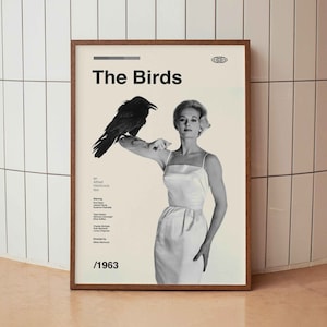 Póster vintage de la película "Los pájaros" (1963) de Alfred Hitchcock. Impresión minimalista de mediados de siglo.