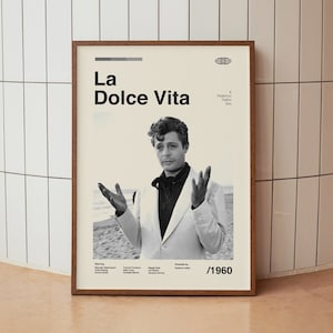 Poster del film La Dolce Vita - Marcello Mastroianni Federico Fellini - Stampa artistica da parete minimalista vintage della metà del secolo