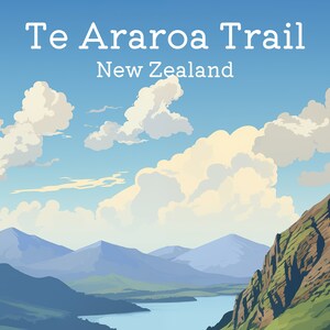 May include: A scenic view of a hiking trail winding through a green mountainside with a blue lake and distant mountains in the background. The text "Te Araroa Trail New Zealand" is at the top of the image.