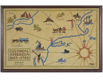 Antique needlework sampler - Titled &#39;Colonial America 1664-1790&#39;