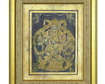 Vintage circa 1930's Mysore painting - Lord Vishnu Sitting on Garuda with Sridevi and Bhudevi.