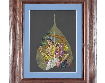 Three Indian Peepal leaf paintings