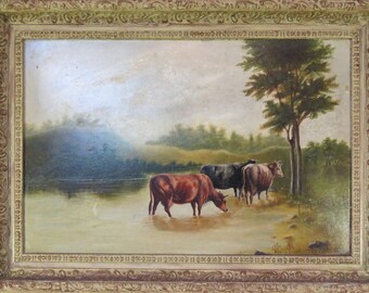 Early 20th Century oil painting depicting a cattle cooling off in a pond.