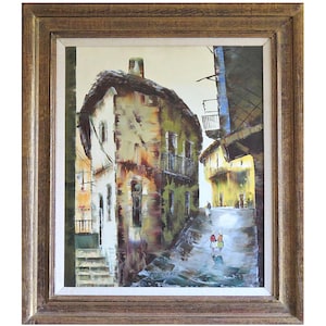 Acrylic painting depicting two women walking down a street in a small town.