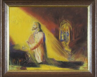 Vintage small pastel depicting a wonderful image of Jesus in the Garden of Gethsemane. Circa 1940's