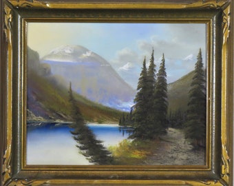 Vintage small plein air pastel drawing titled 'Lake Louise'. Circa 1970's