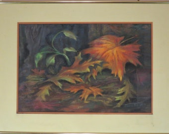 Signed pastel artwork depicting autumn leaves.