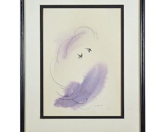Puede incluir: Pintura abstracta en acuarela en un marco negro. La obra presenta una forma suave, similar a una nube púrpura, con delicadas líneas negras y dos pequeñas siluetas de pájaros. La pintura está firmada en la esquina inferior derecha.