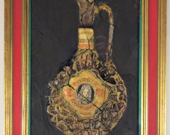 Rare and unique Encaustic painting of a vintage bottle of Cognac in a shadow box, Signed by the artist.