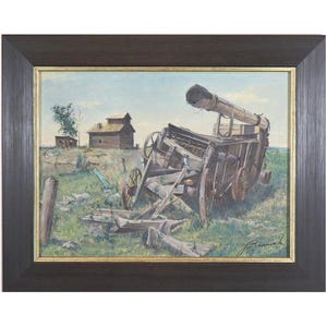 Signed acrylic painting depicting an old wagon