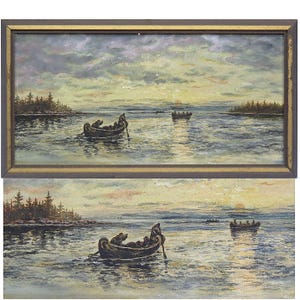 May include: A framed landscape painting depicts a serene lake scene with several small boats. The artwork features a muted color palette of blues, grays, and yellows, with a sunset or sunrise in the background. The boats appear to be carrying people.