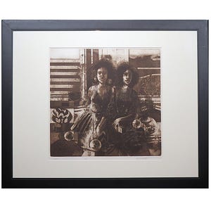 May include: A sepia-toned print depicting two women seated together. The women are wearing patterned dresses and have dark hair. The background features a geometric pattern with a cloudy sky.