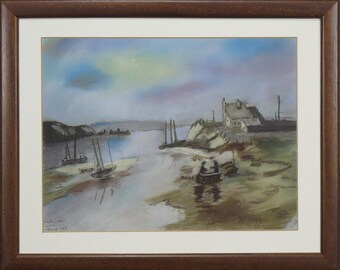 Vintage plein air pastel depicting a Scottish maritime cove scene.