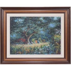 Signed Oil on Canvas - Couple sitting on a bench surrounded by trees