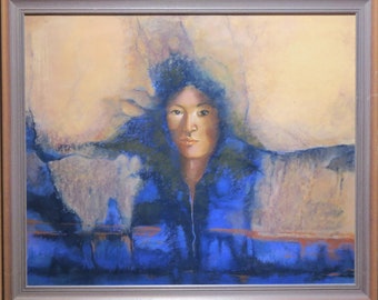 Pastel depicting the face of a young woman surrounded by an abstract style image.