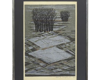 1970 Signed Woodblock Print “Trees in Winter” by Fumio Fujita – Limited Edition 27/200