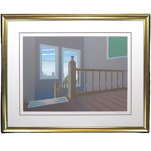 May include: A framed print of a hallway with a wooden staircase and two windows. The windows have a view of a blue sky with white clouds. The print is titled "Threshold" and signed by the artist.