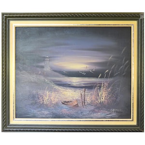 Nautical oil painting of a rowboat with lighthouse in the background