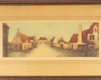 Camilla Lucas colored etching titled '109 Village in Belgium'.