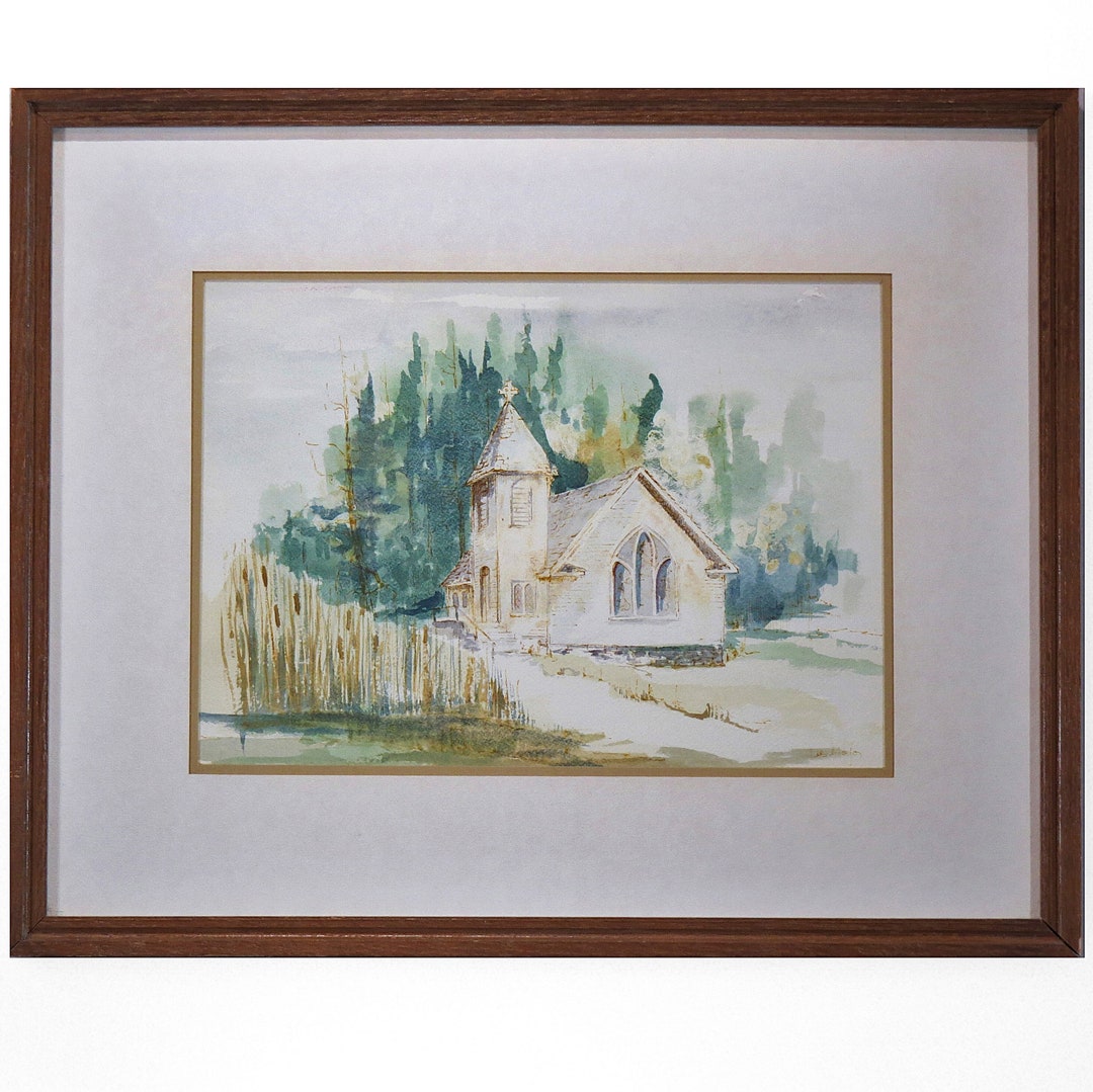 Vintage Watercolor Painting of a Small Rural Church Signed by the ...