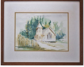 Vintage watercolour painting of a small rural Church signed by the artist.