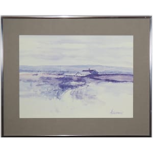 May include: A watercolour painting of a landscape with a small house in the distance. The sky is a light blue with white clouds, and the ground is a purple colour. The painting is framed in a silver frame.