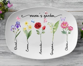 Mama's Garden Plate, Birth Month Flower Gift, Mommy Platter, Mama With Kids Name, Mother's Day Gift For Mom, Flower Mom Gift