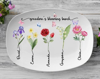 Grandma's Garden Plate, Personalized Birth Month Flowers, Mothers Day Gift, Gift For Grandma, Grandma With Grandkids Names, Grandma Platter