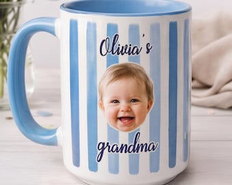 Personalized Baby Face Mug, Custom Photo Mug, New Grandma Cup, Stripe Baby Face Mug, Grandma Mother's Day Gift, New Grandparents Keepsake