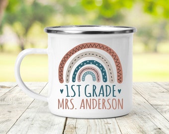 Teacher Enamel Mug, Personalized Teacher Mug, Teacher Rainbow Mug, Teacher Name Mug, Teacher Appreciation Gift, Teacher Camping Mug