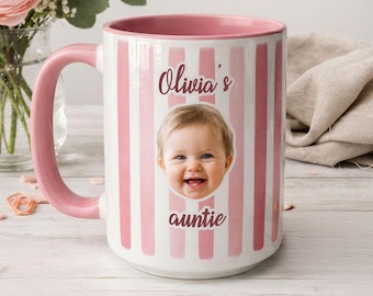 New Aunt Mug, Personalized Baby Face Mug, Custom Auntie Baby Photo Mug, Stripe Baby Photo Cup, Auntie Sister Gift, Kids Face Keepsake