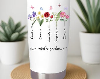Mimi Gift, Mimi's Garden With Grandkids Names Tumbler, Gift For Grandma, Personalized Birth Month Flower, Grandma Garden Printed Tumbler