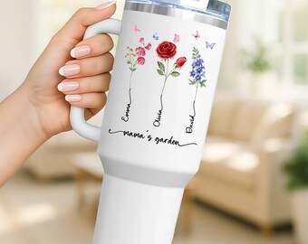 Personalized Birth Flower Tumbler: Custom Mom Travel Cup 40 oz Tumbler, Birth Month Gift For Mom