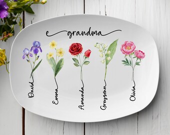 Personalized Grandma Gift, Grandma Plate With Kids Names, Custom Birth Month Flower Platter, Gift For Grandma, Mother's Day Gift for Grandma