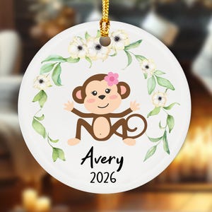 Monkey Ornament, Personalized Girl Ornament, Christmas Ornament, Custom Name Gift, New Baby Ornament, Animal Ornament