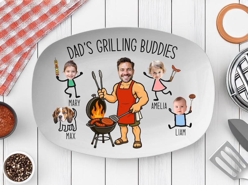 Peut inclure: Plat ovale avec l'inscription &laquo; Dad's Grilling Buddies &raquo; et des illustrations de dessins anim&eacute;s d'un homme faisant un barbecue, de trois enfants et d'un chien. Le plat est blanc avec un bord gris.