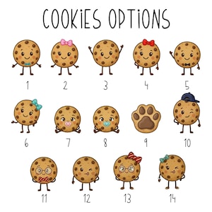 Peut inclure: Illustration de 14 biscuits de dessin anim&eacute; avec divers accessoires, tels que des n&oelig;uds, des n&oelig;uds papillon et une casquette. Le texte "COOKIES OPTIONS" est en haut. Chaque biscuit a une expression unique et un num&eacute;ro de 1 &agrave; 14.