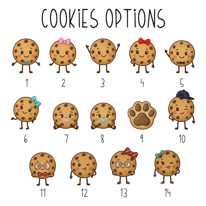 Peut inclure: Illustration de 14 biscuits de dessin anim&eacute; avec divers accessoires, tels que des n&oelig;uds, des n&oelig;uds papillon et une casquette. Le texte "COOKIES OPTIONS" est en haut. Chaque biscuit a une expression unique et un num&eacute;ro de 1 &agrave; 14.