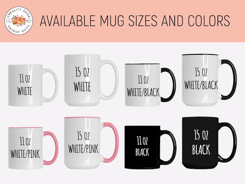 May include: A set of six mugs in different sizes and colors. The mugs are available in 11 oz and 15 oz sizes, and in white, black, white/black, white/pink, and black/white color combinations.