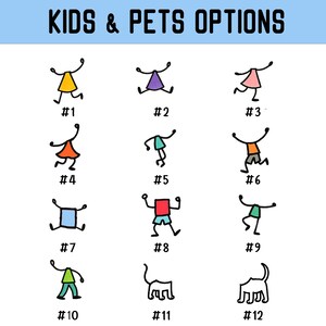 Peut inclure: Sur fond blanc, le texte &laquo;&nbsp;KIDS & PETS OPTIONS&nbsp;&raquo; surmonte une grille de douze illustrations de dessins anim&eacute;s. Les illustrations comprennent des bonhommes allumettes d'enfants et de chats dans diverses poses, chacun num&eacute;rot&eacute;.
